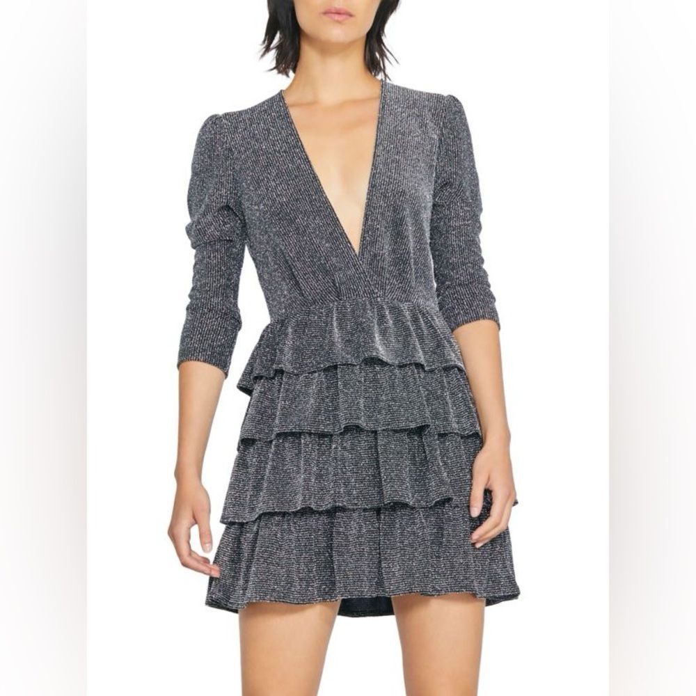 IRO Revert Black and Silver Metallic Long Sleeve Tiered Ruffle Mini Dress, Large